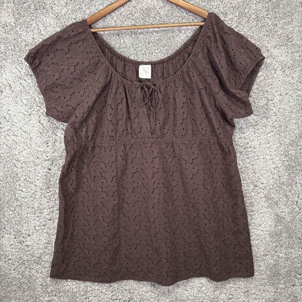 It Figures 3X Womens Eyelet Blouse Top Babydoll Brown Short Sleeve Embroidered